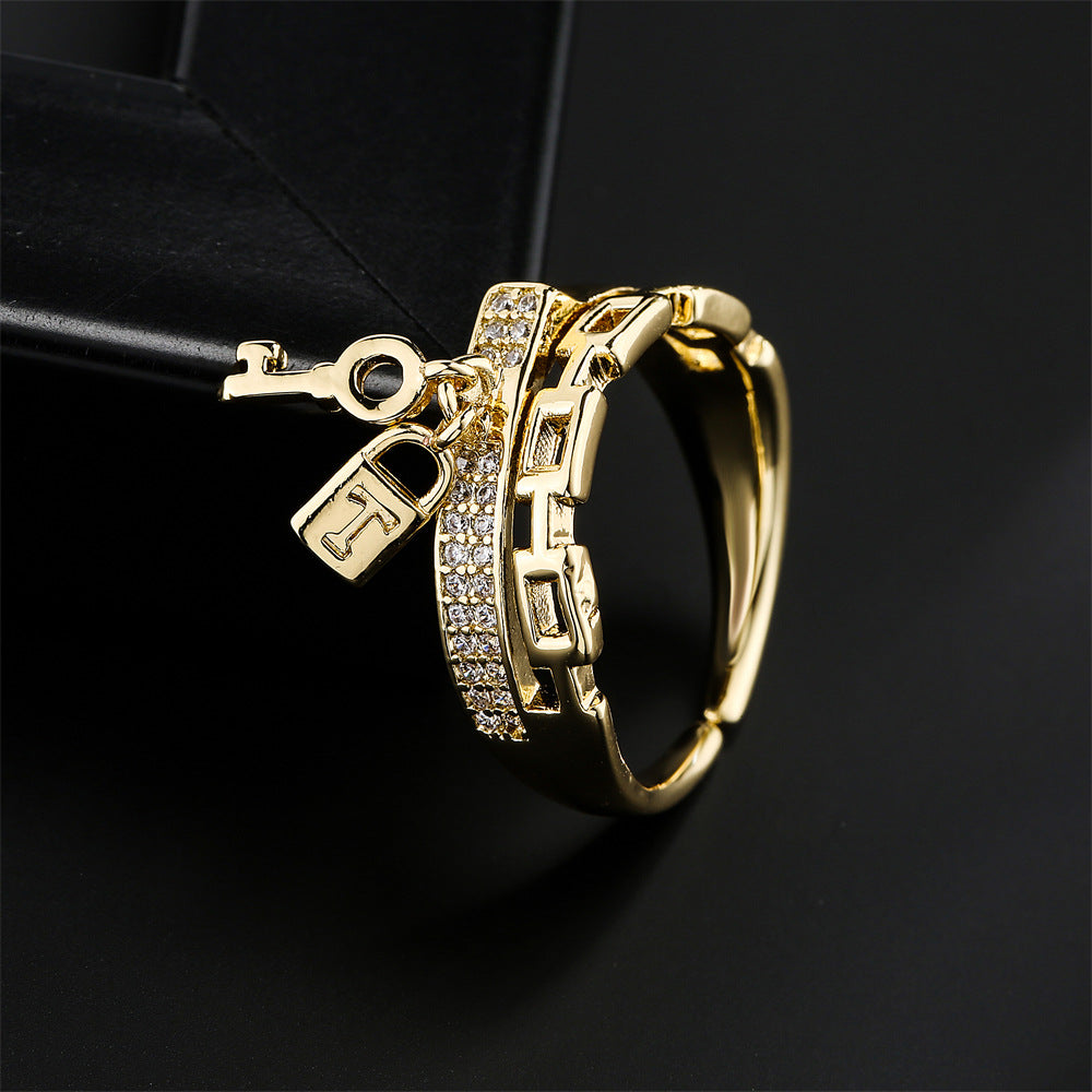 Geometric Open Key Lock Ring for Women in Copper with 18K Gold Plating and Micro-Pave Zirconia