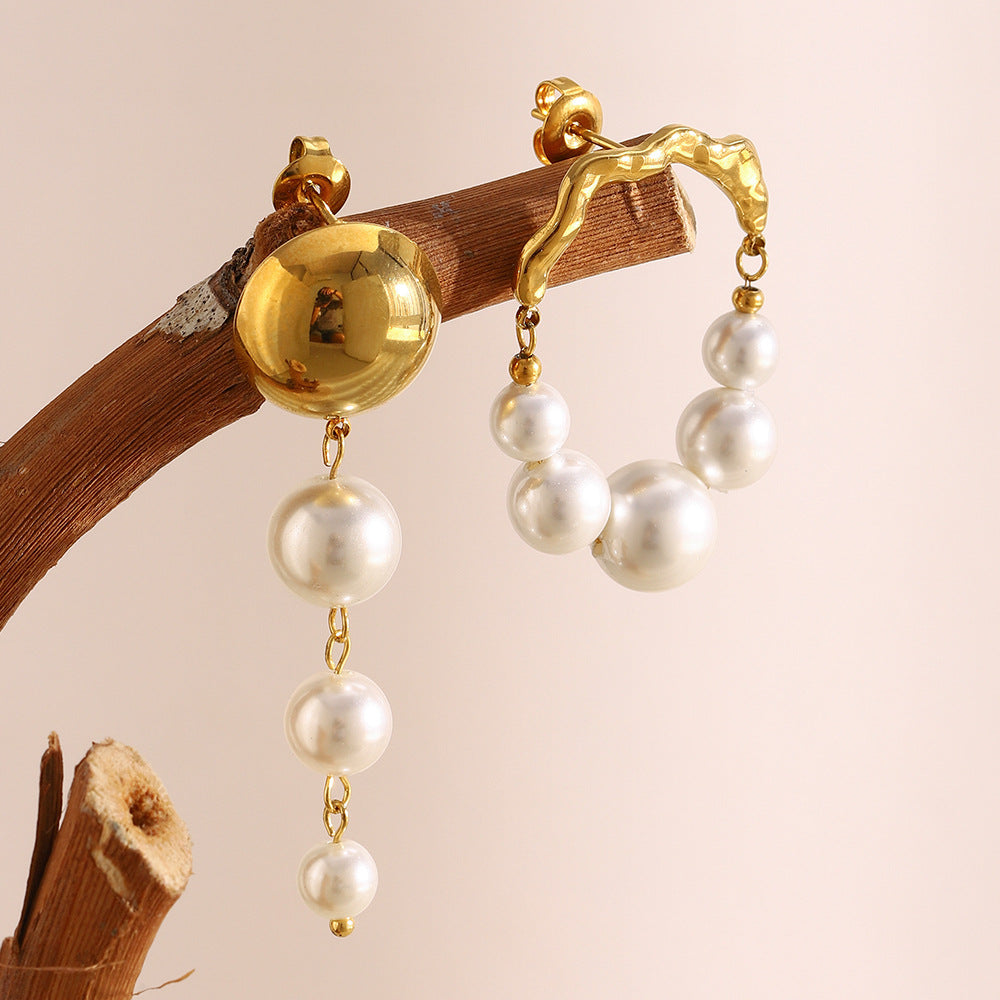 Eleganti orecchini a lobo con perle finte irregolari placcate in oro 18 carati, in acciaio inossidabile, con design geometrico, in stile vintage francese, da donna