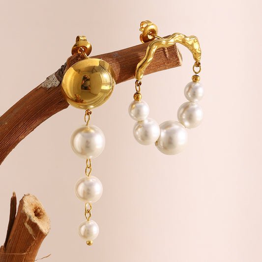 Pendientes de mujer de acero inoxidable chapado en oro de 18 quilates con diseño geométrico, perlas de imitación irregulares, estilo vintage francés elegante