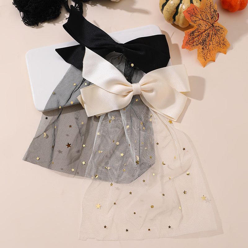 Fermaglio per capelli a fiocco fatto a mano in tulle bianco e nero per bambini con dettagli in lamina d'oro, accessorio per capelli di Halloween