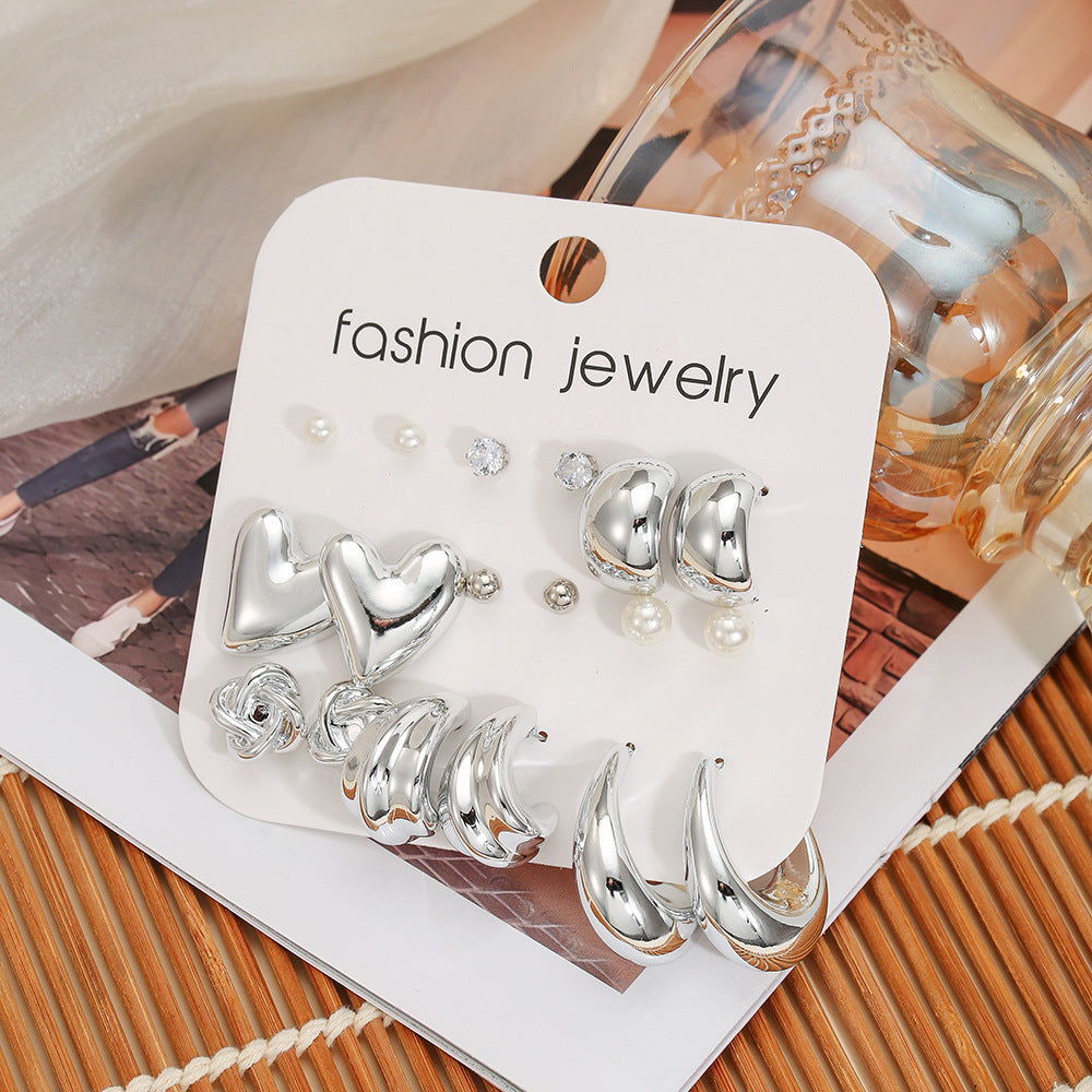 Vintage Geometric Heart Alloy Plated Earrings with Pearl