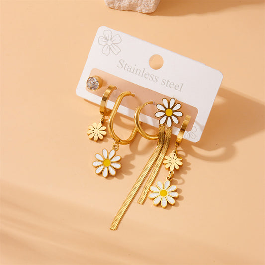 Asymmetrical Daisy Pendant Necklace Set with Stainless Steel Chain and Plated Finish for Women