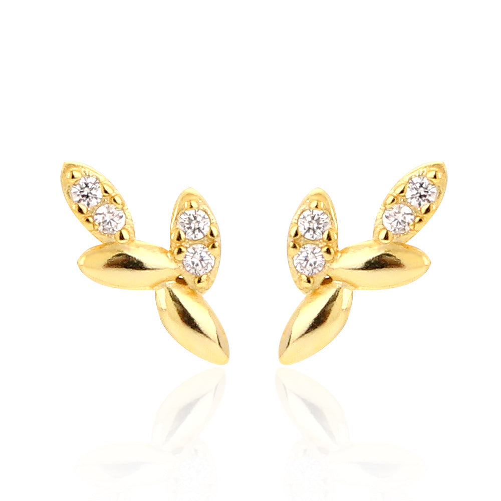 Sweet Minimalist Leaf Shaped 925 Sterling Silver Plated Cubic Zirconia Stud Earrings for Women