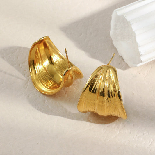 Minimalist Luxe Geometric Stainless Steel Earrings with 18K Gold Plating and Wide C-Shaped Textured Design for Women