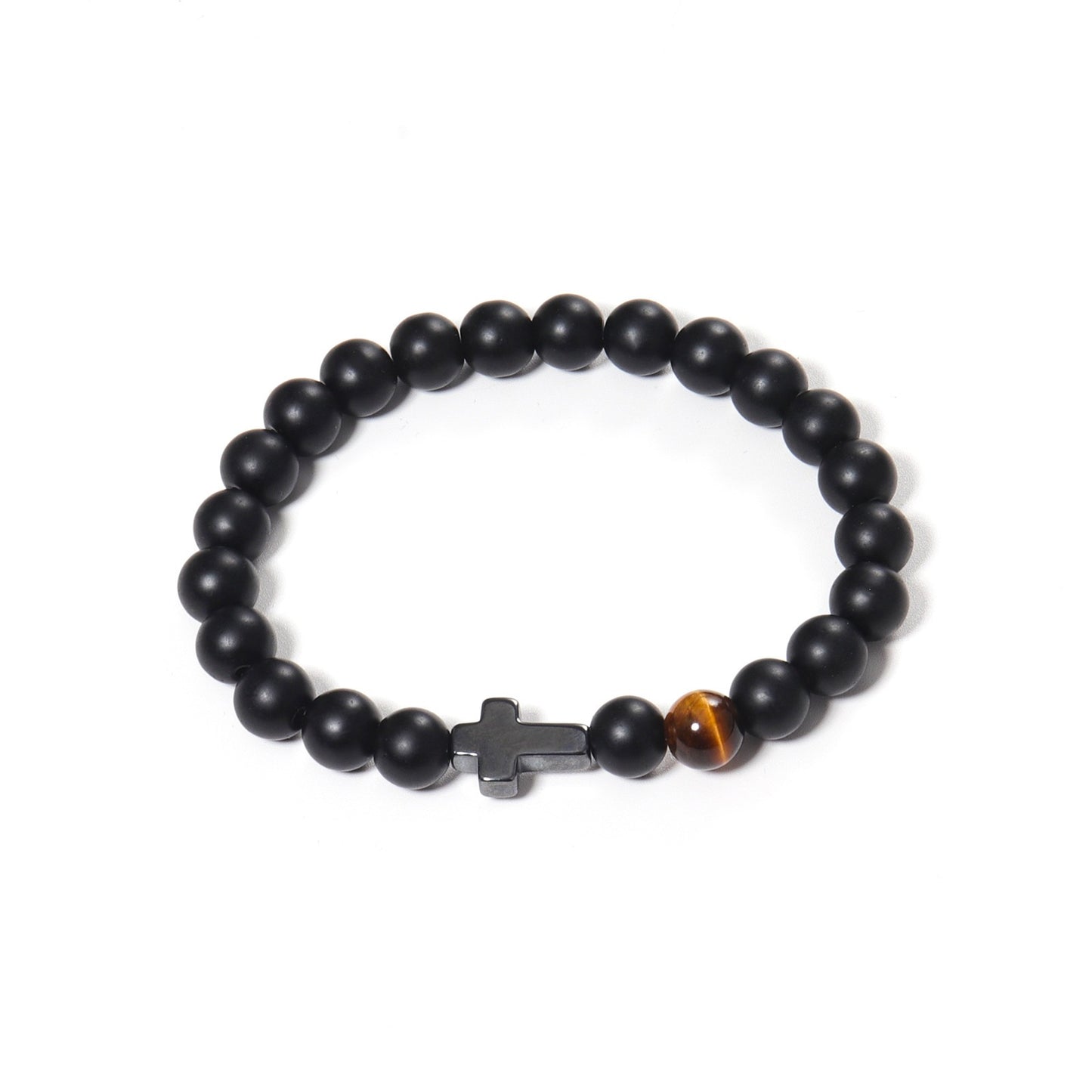 Minimalist Matte Cross Bracelet with Tiger's Eye and Obsidian Pendant Unisex Jewelry