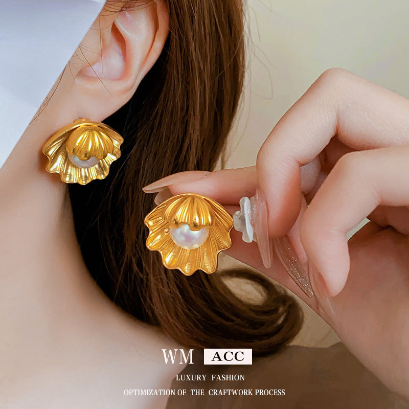 Orecchini pendenti da donna con perle, conchiglie, design geometrico e stile vintage, placcati in oro