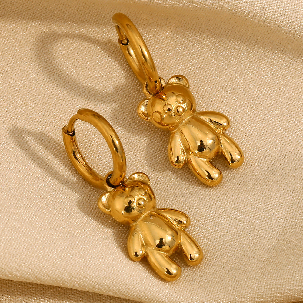 Orecchini da donna in acciaio inossidabile placcati oro 18K a forma di orsetto, design minimalista con animali, alla moda e adatti per l'ufficio