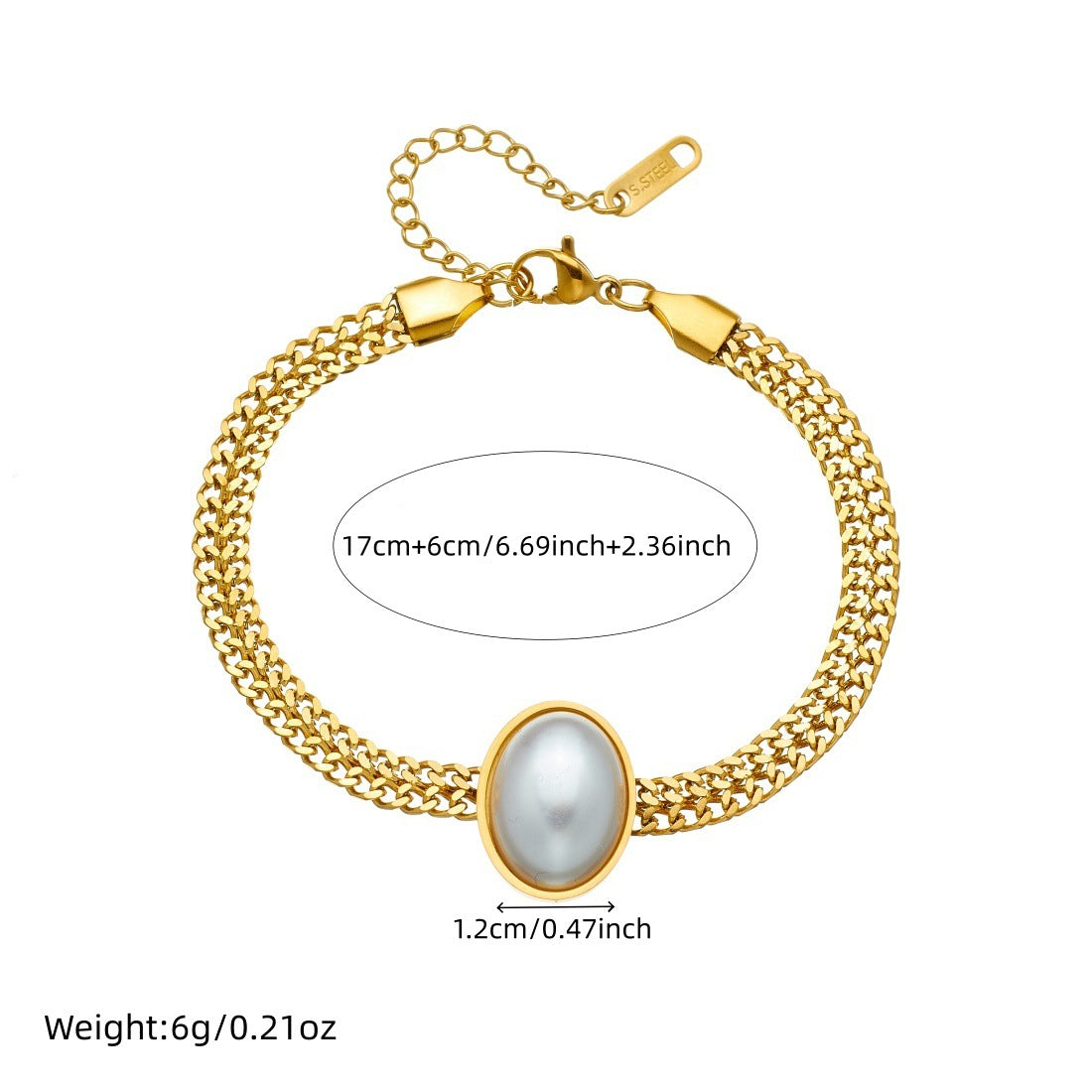 Vintage Gold Plated Stainless Steel Oval Geometric Imitation Pearl Bracelet