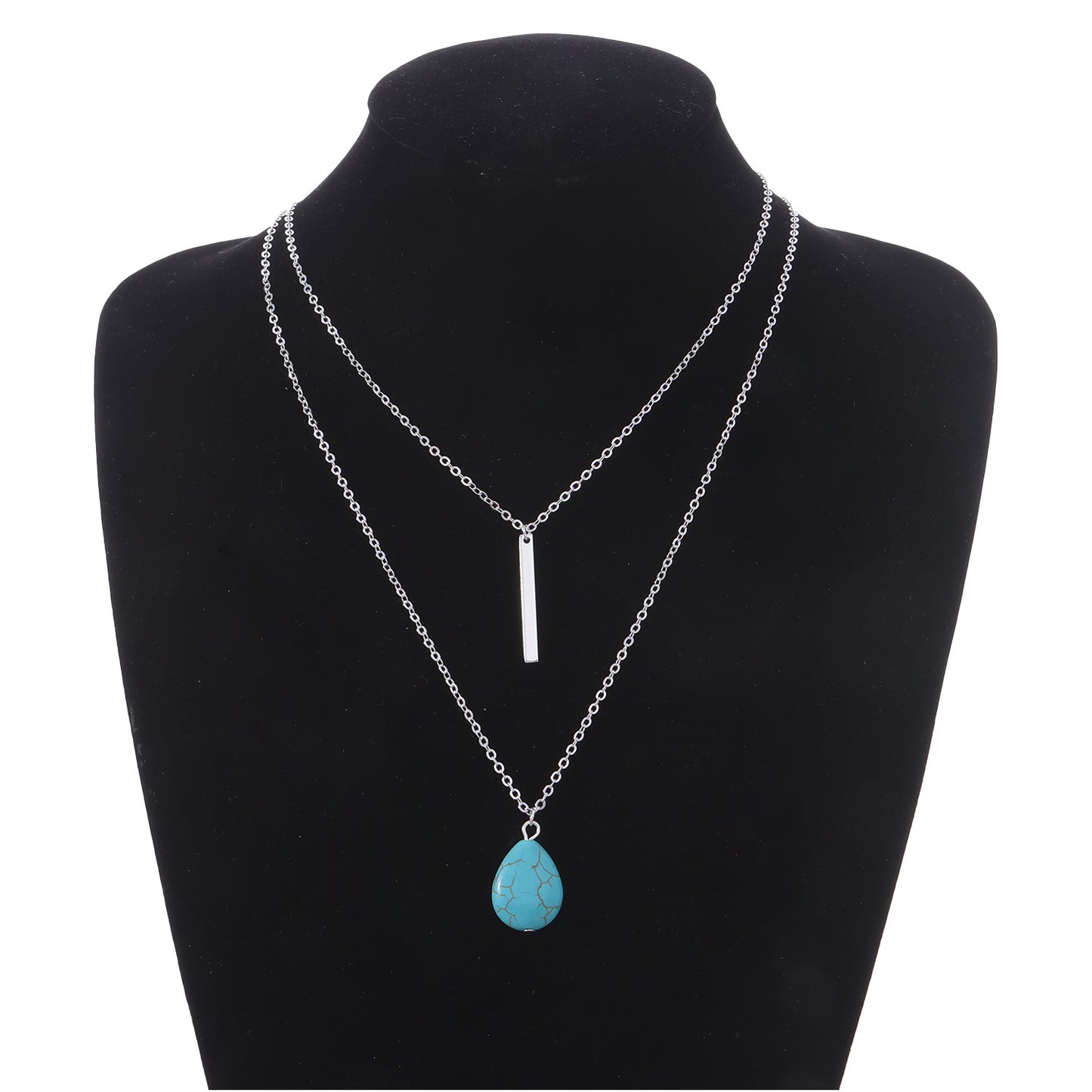 Minimalist Teardrop Turquoise Pendant Necklace with Multi-Layer Metal Chain for Women