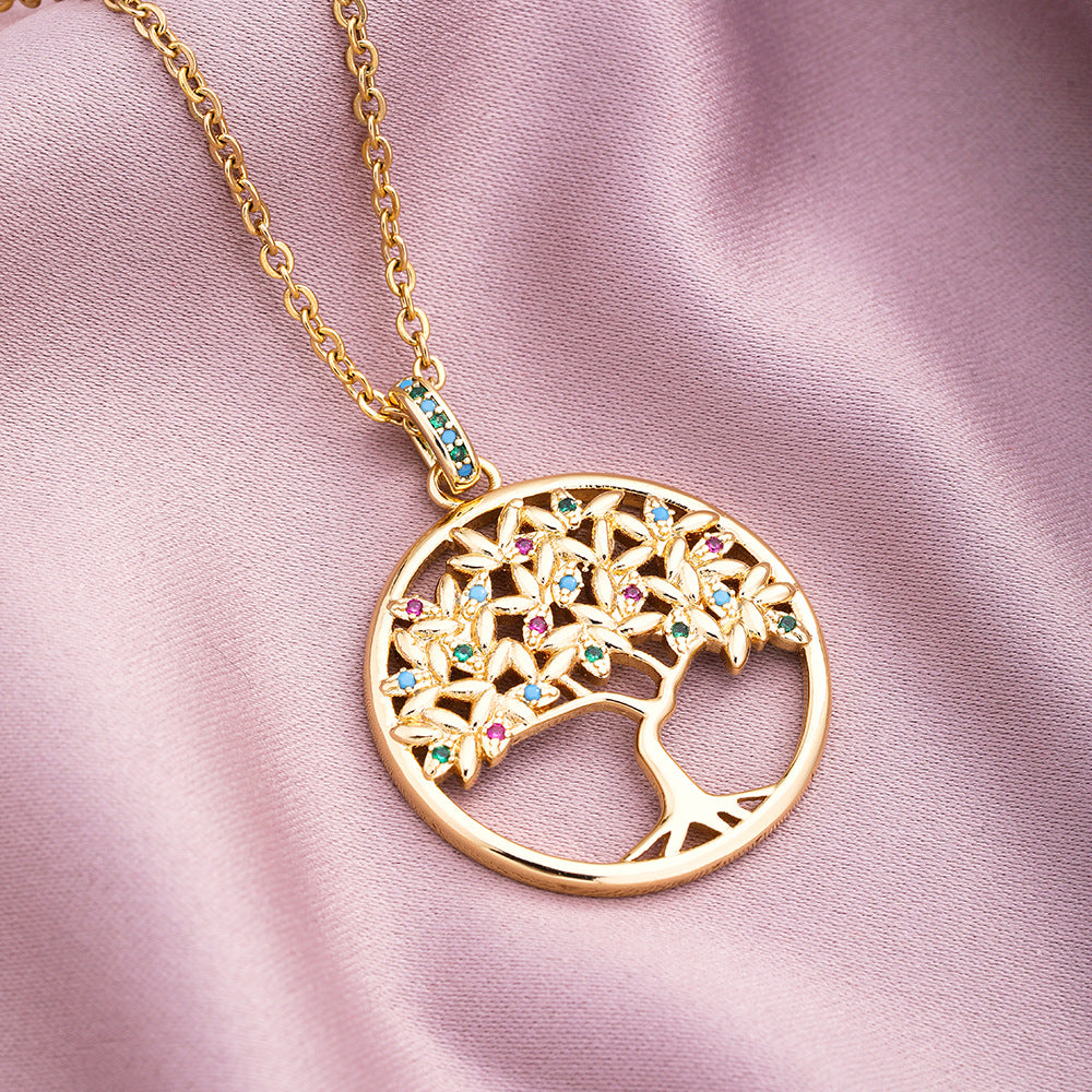 Collar con Colgante Minimalista Árbol de la Vida para Mujer en Cobre con Incrustaciones de Circones y Cadena O de Acero Inoxidable con Baño al Vacío