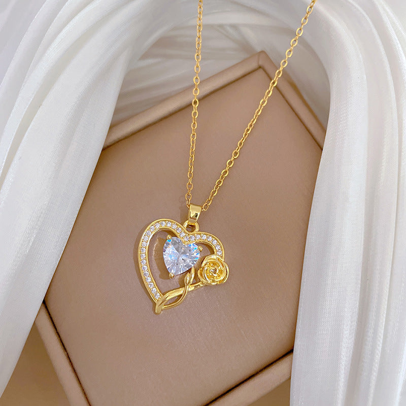 Sweet Minimalist Heart Rose Rhinestone Plated Titanium Steel Necklace Unisex Cable Chain