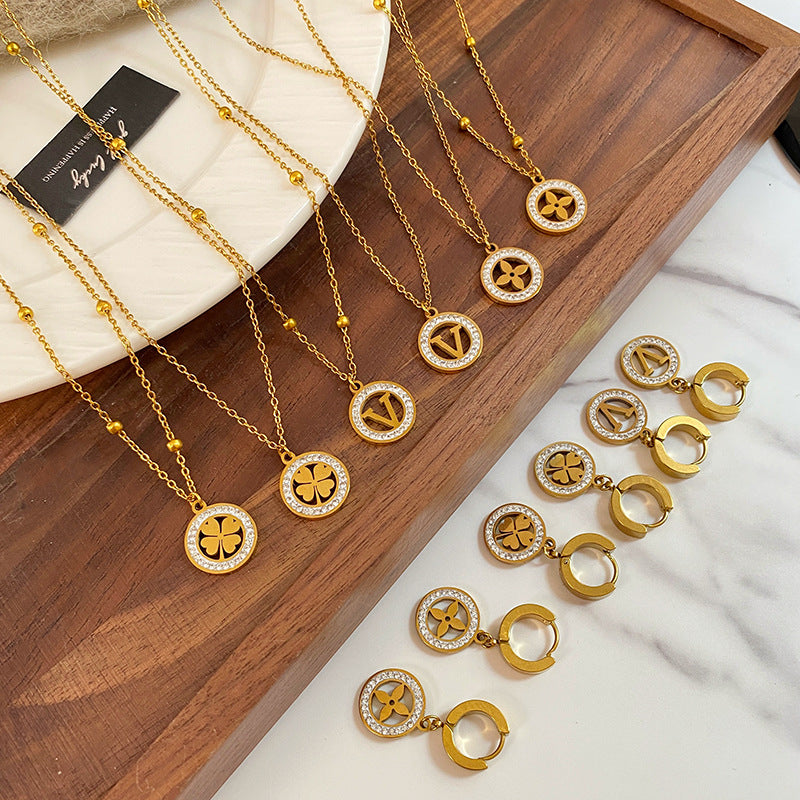Gold Plated Titanium Steel Micro-Pave Diamond Hollow Round Geometric Necklace and Earring Set