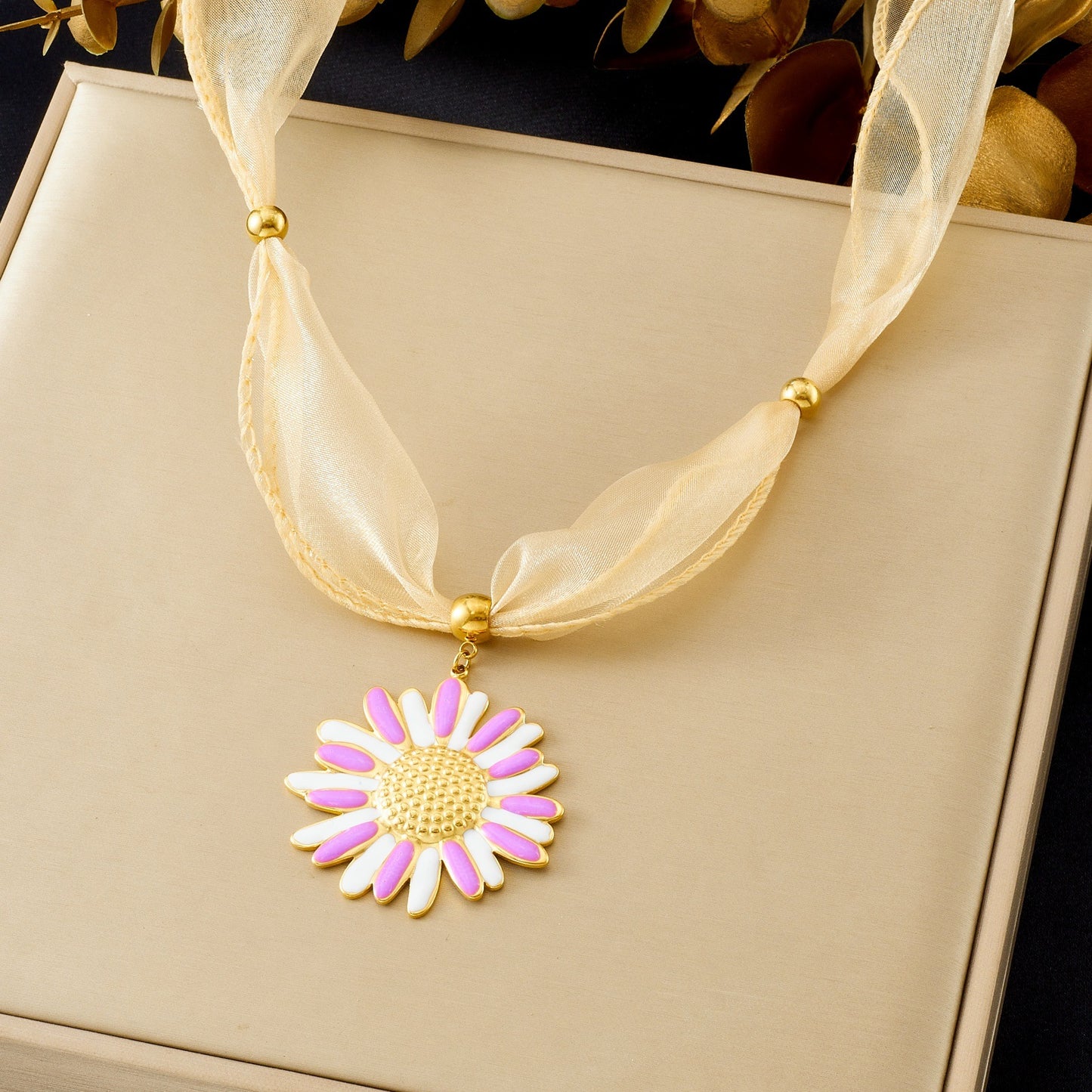 Elegant Gold Plated Stainless Steel Drip Oil Floral Ribbon Pendant Necklace for Women