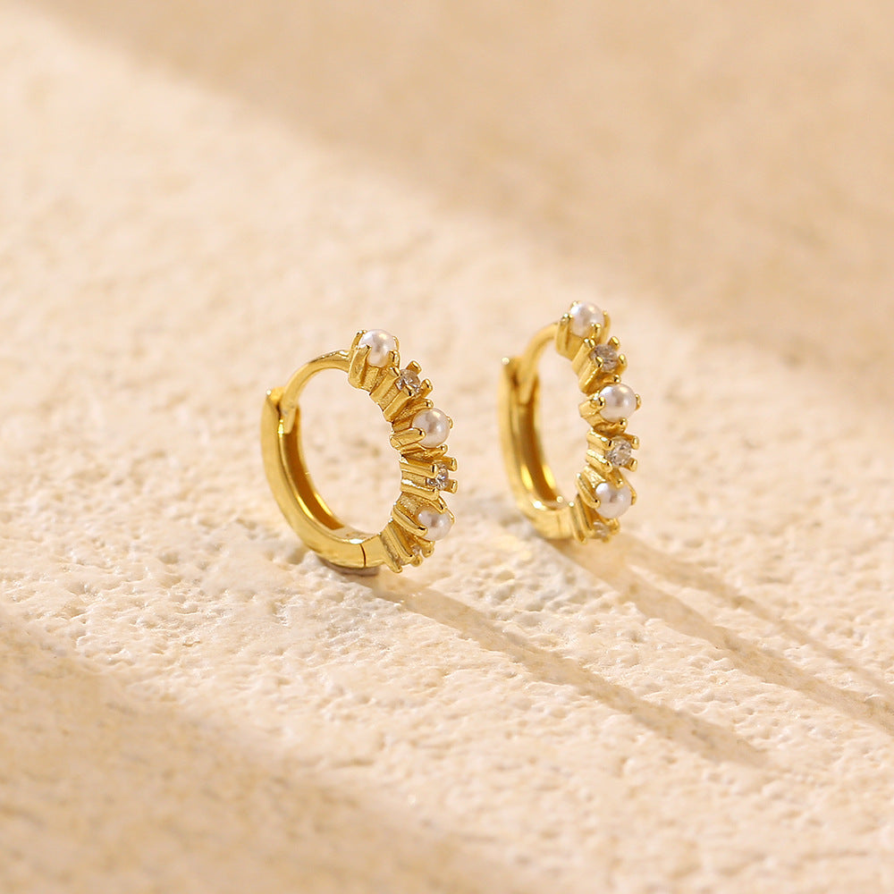 Orecchini a perno da donna in argento sterling S925, eleganti, geometrici, con intarsio di strass e dettagli effetto perla