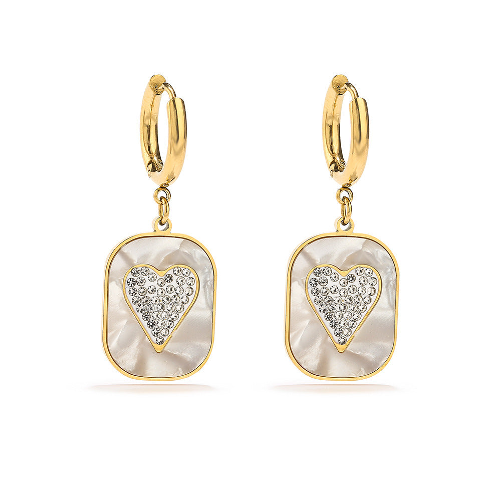 Orecchini da donna in acciaio al titanio a forma di cuore, geometrici e vintage, con intarsi in strass