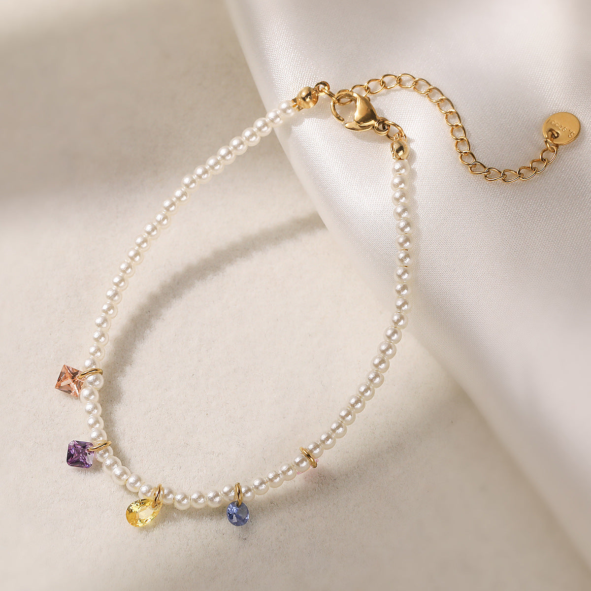 Minimalist Elegant Geometric Stainless Steel Necklace with Colorful Cubic Zirconia and Pearl for Women
