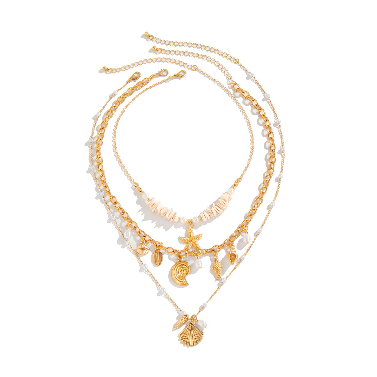 Collana con ciondolo a stella marina e conchiglia in stile vacanza con charm in lega e perle simulate su delicata catena per clavicola