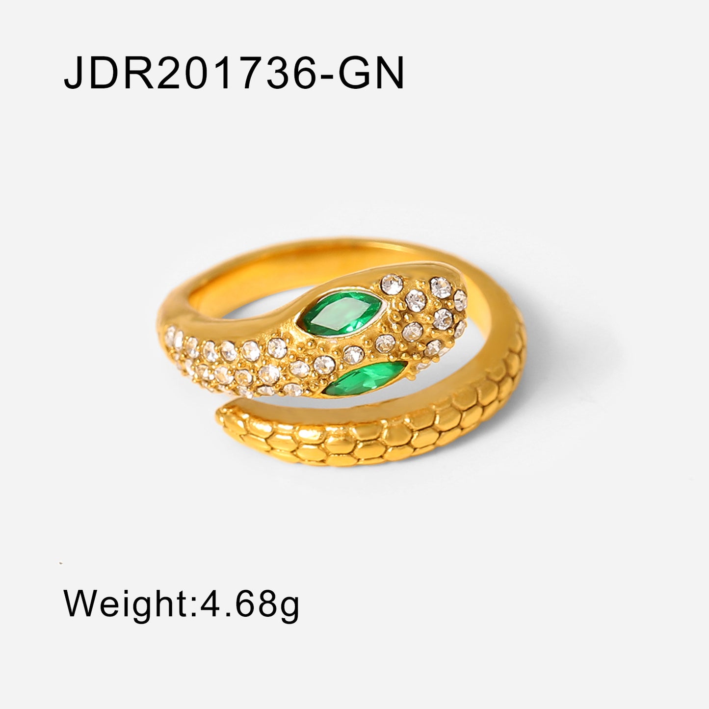 Anello aperto in acciaio al titanio a forma di serpente in stile vintage con intarsio di strass da donna