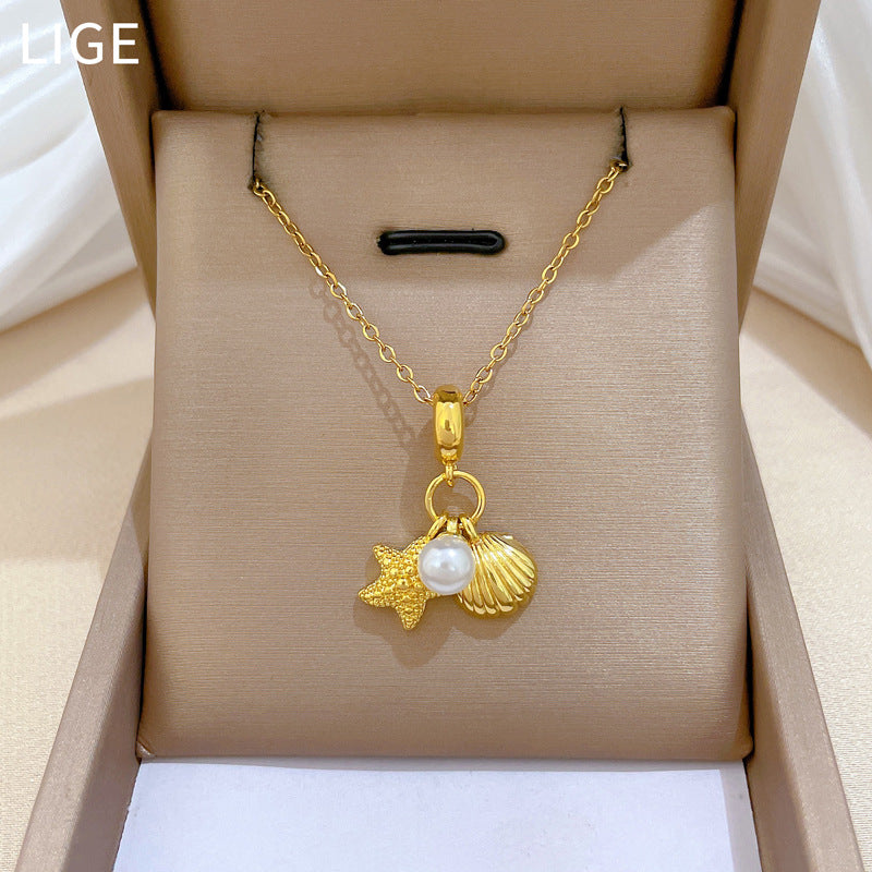 Sweet Minimalist Star Shell Pearl Rhinestone Pendant Necklace Titanium Steel Cable Chain for Women