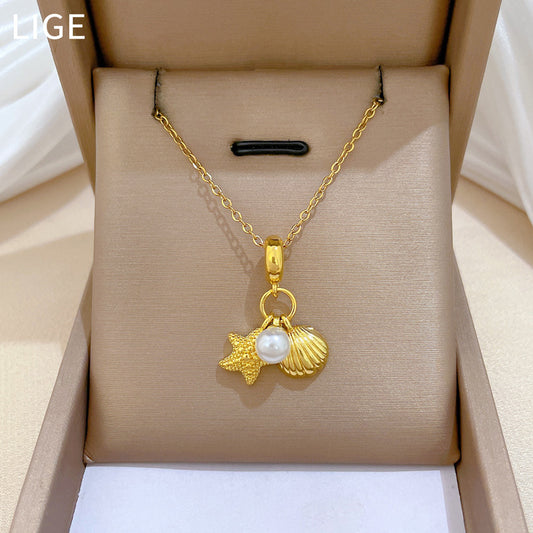 Sweet Minimalist Star Shell Pearl Rhinestone Pendant Necklace Titanium Steel Cable Chain for Women