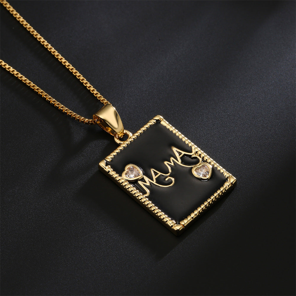 Minimalist Geometric MAMA Pendant Necklace for Women with Copper Base Plated in 18K Gold and Enamel Finish, Rhinestone Inlay