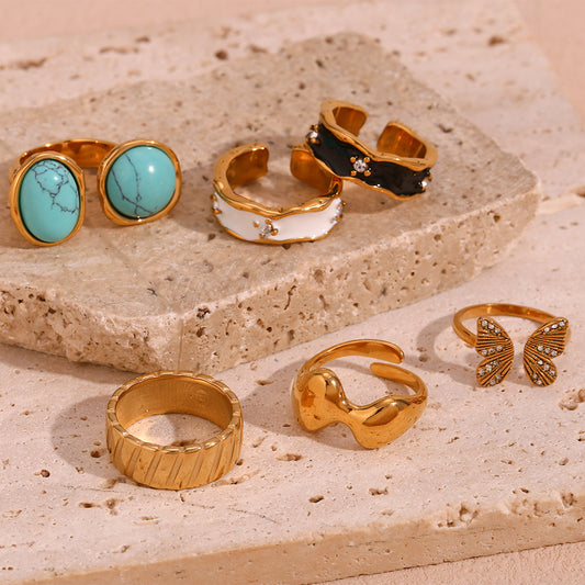 Minimalist Geometric Stainless Steel Ring with 18K Gold Plating and Micro-Pave Irregular Design for Women