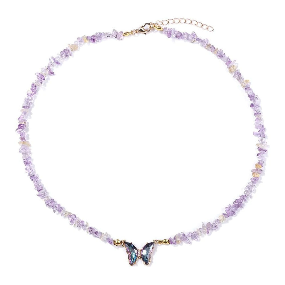 Butterfly Brass Necklace with Cubic Zirconia and Crystal Pendant Cable Chain Unisex