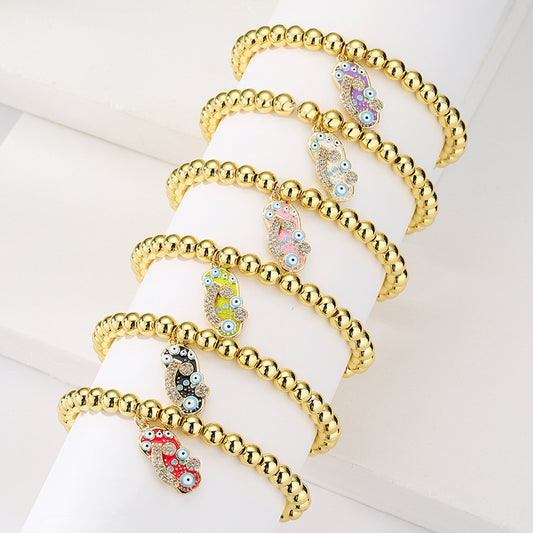 Minimalist Geometric Pendant Bracelet for Women with 18K Gold Plated Copper Beads and Enamel Zirconia Slipper Charm