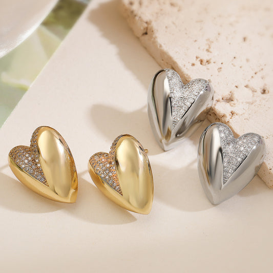 Minimalist Heart-Shaped Copper Earrings with 18K Gold Plating and Micro-Paved Zirconia for Women