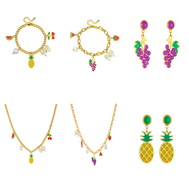 Elegant Cartoon Drip Oil Plated Stainless Steel Butterfly Fruit Jewelry Set with Serpentine Chain for Women
