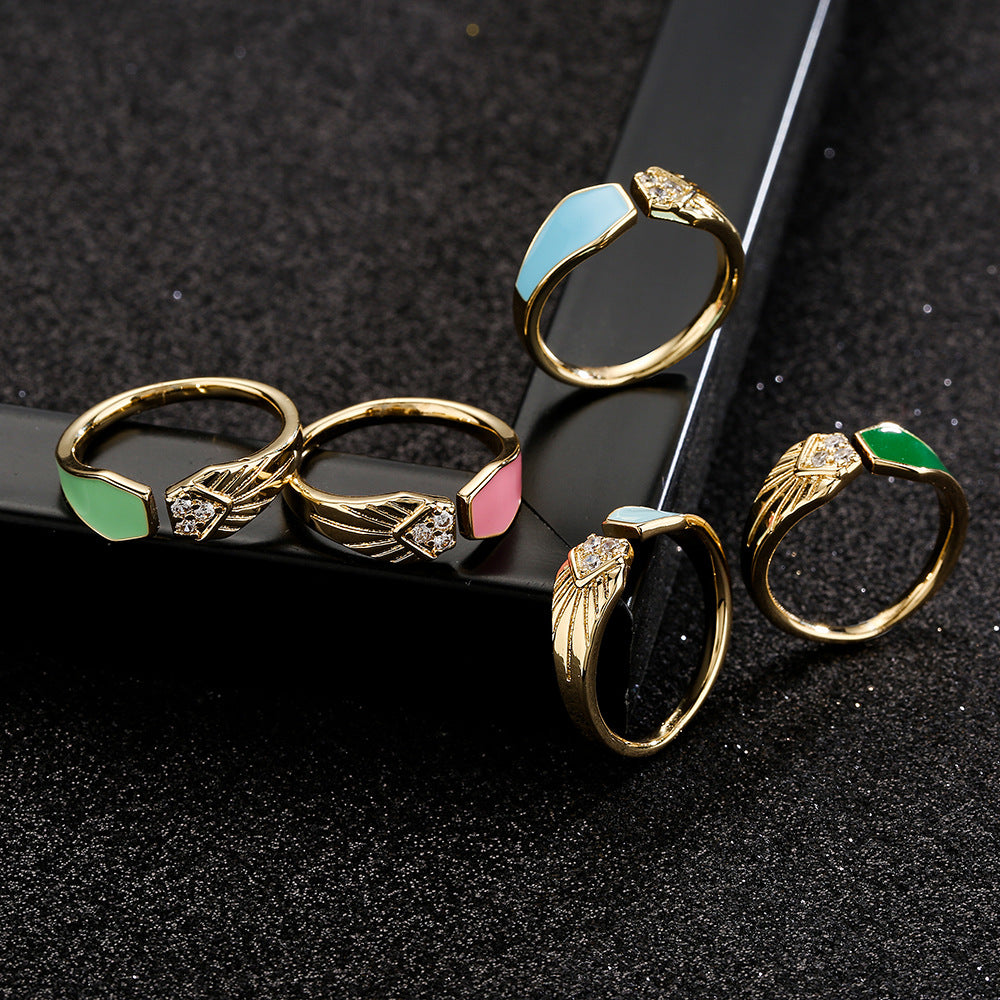 Minimalist Geometric Copper Ring with 18K Gold Plating and Colored Enamel Zirconia for Women