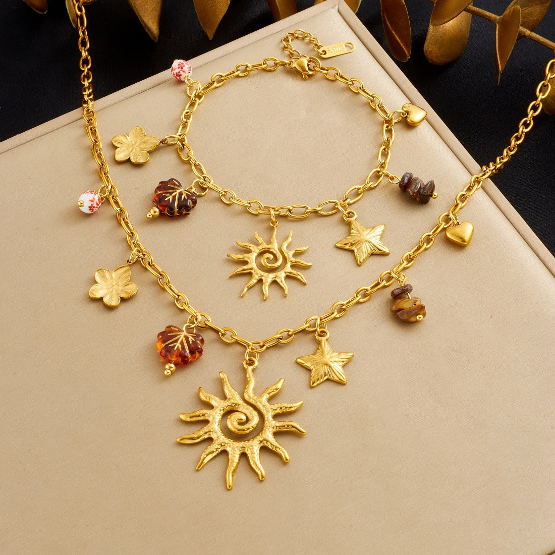 Vintage Gold Plated Stainless Steel Star Flower Leaf Pendant Necklace and Bracelet Set with Cable Chain