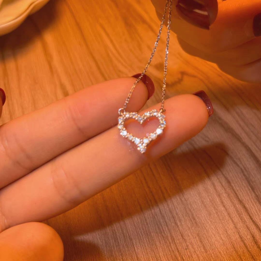Minimalist Hollow Heart Pendant Necklace for Women Titanium Steel with Rhinestone Inlay Snake Chain Lightweight Delicate Clavicle Jewelry