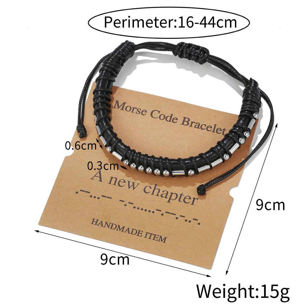 Morse Code Letter Number Stainless Steel Leather Bracelet Unisex