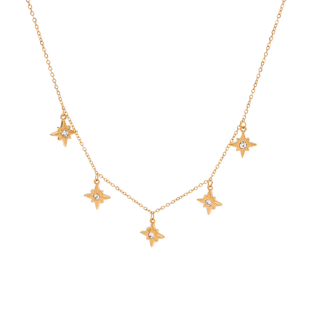 Elegant Geometric Eight-Pointed Star Rhinestone Pendant Necklace in Stainless Steel with 18K Gold Plating for Women