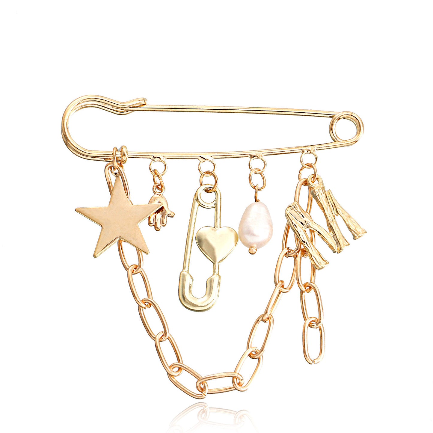 Geometric Star and Letter M Pendant Brooch with Tassel Detail in Alloy with Plated Finish for Women