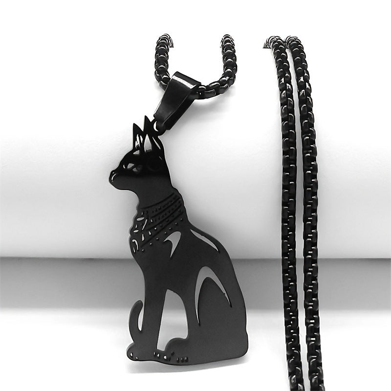 Vintage Egyptian Cat Goddess Pendant Necklace in Stainless Steel with Gold Plating, Animal-Themed Fashion Jewelry for Unisex