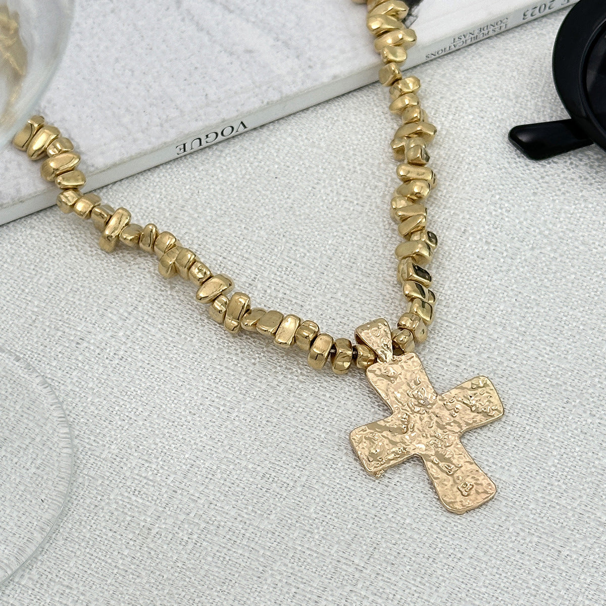 Punk Cross Conch Shell Faux Pearl Y-Shape Beaded Necklace for Women