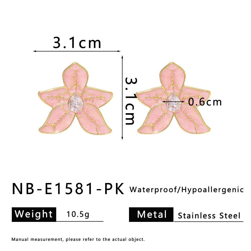 Geometric Style Five-Petal Flower-Shaped Stainless Steel Earrings with Enamel Coloring and Rhinestone Inlay for Women