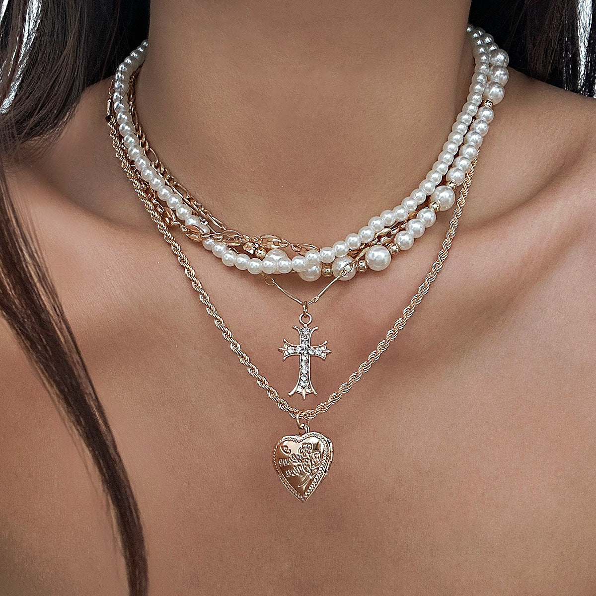 Minimalist Cross Pendant Necklace with Imitation Pearl and Alloy Accents on Pearl Chain for Women