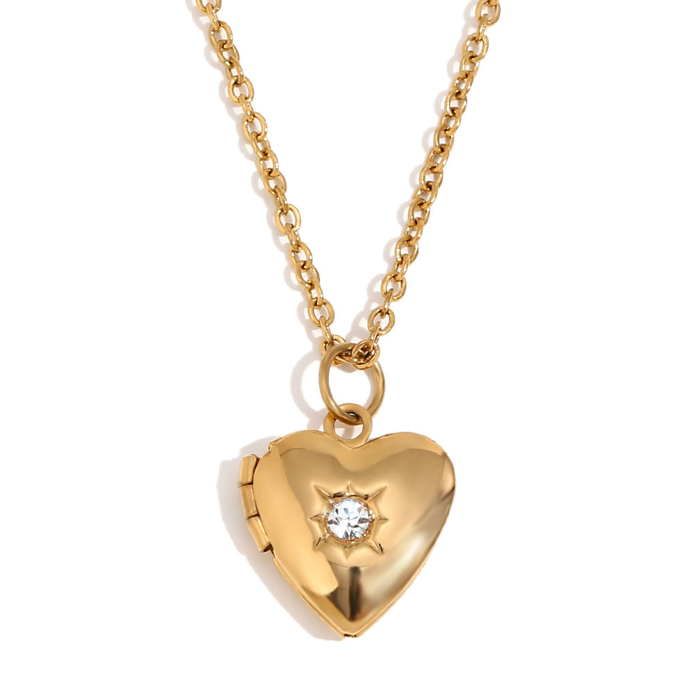 Minimalist Heart Locket Necklace with December Birthstone, Stainless Steel & Titanium Steel, 18K Gold Plated
