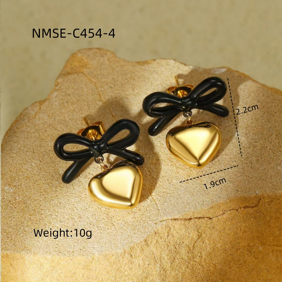 Orecchini da donna alla moda in acciaio inossidabile con fiocco e a forma di cuore, placcati in oro 18 carati e finitura smaltata