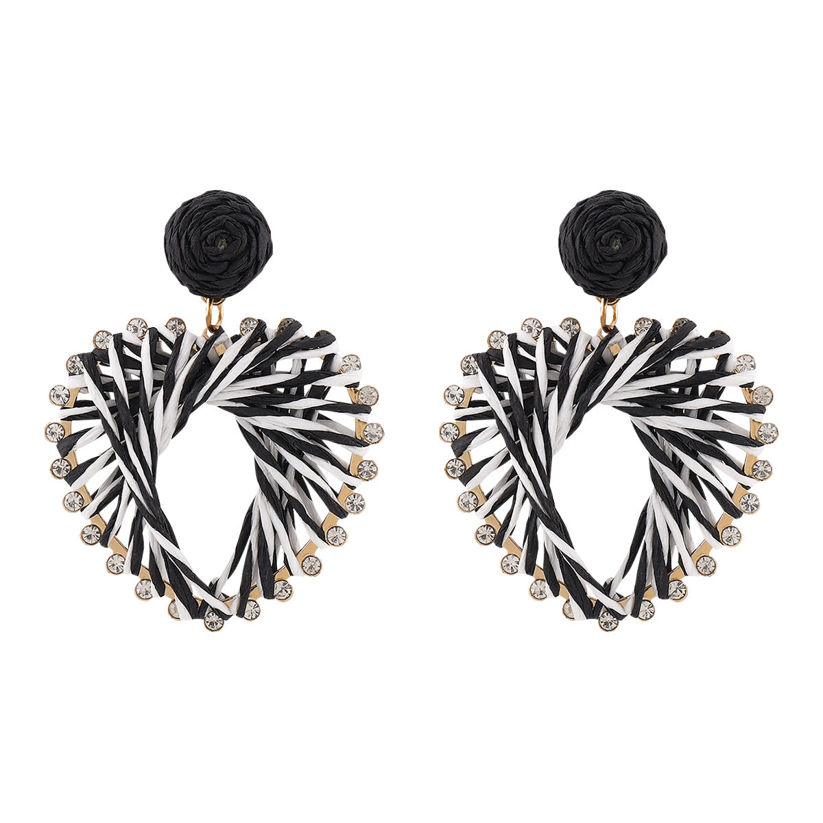 Orecchini Pendenti a Cuore in Rame Intrecciato Bohemien con Strass su Base in Lega