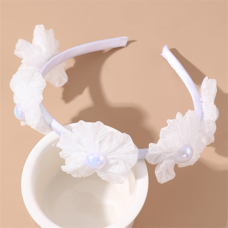 Cerchietto per Capelli con Fiocco in Pizzo e Tulle, Dettagli di Perle, Design Geometrico, Finitura in Resina Colata