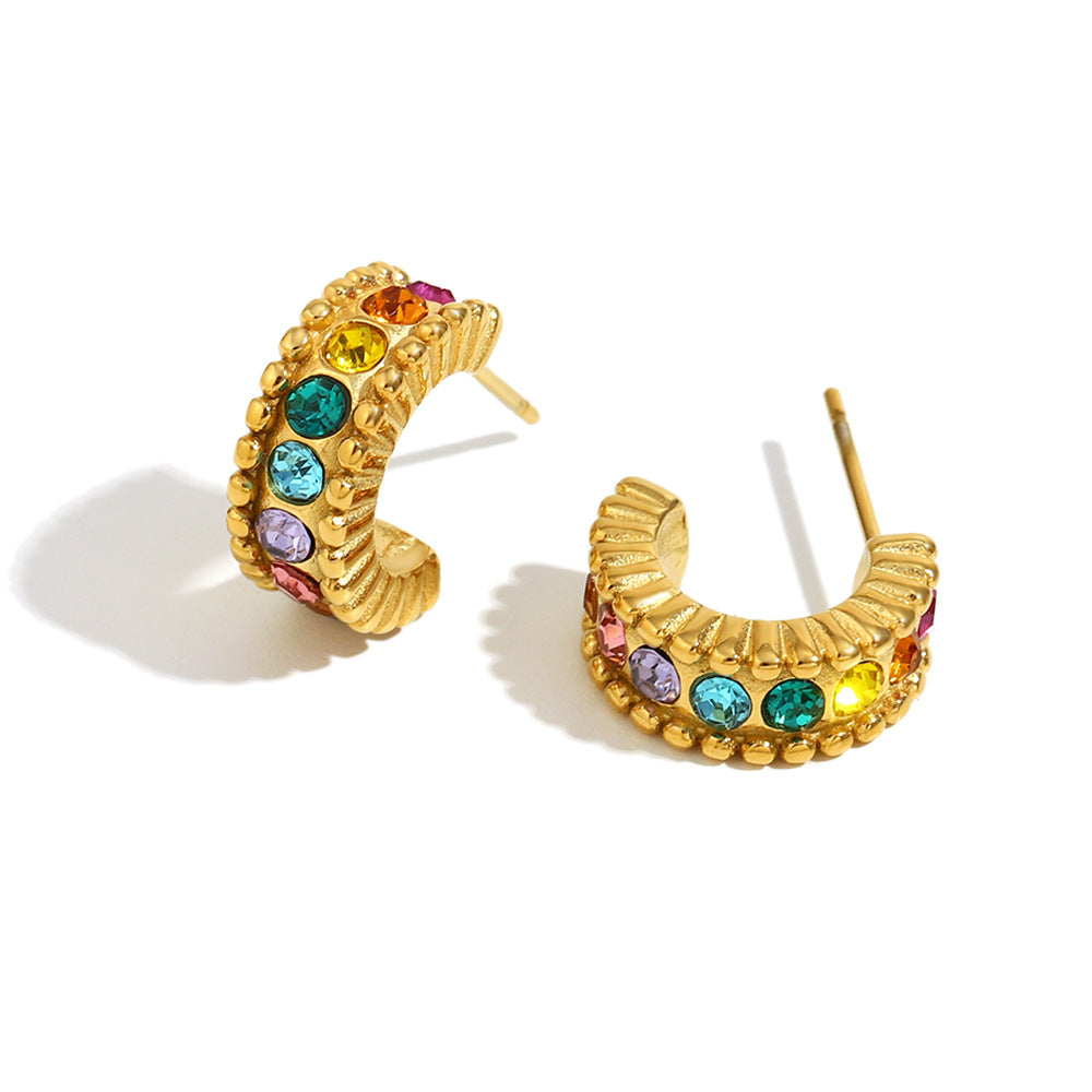 Orecchini a perno geometrici minimalisti a forma di C in zircone per donna in acciaio inossidabile con placcatura in oro 18K