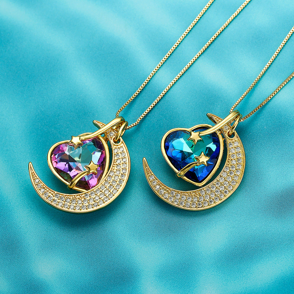 Geometric Moon and Star Pendant Necklace for Women with Copper Base Plated in 18K Gold and Zircon Inlay