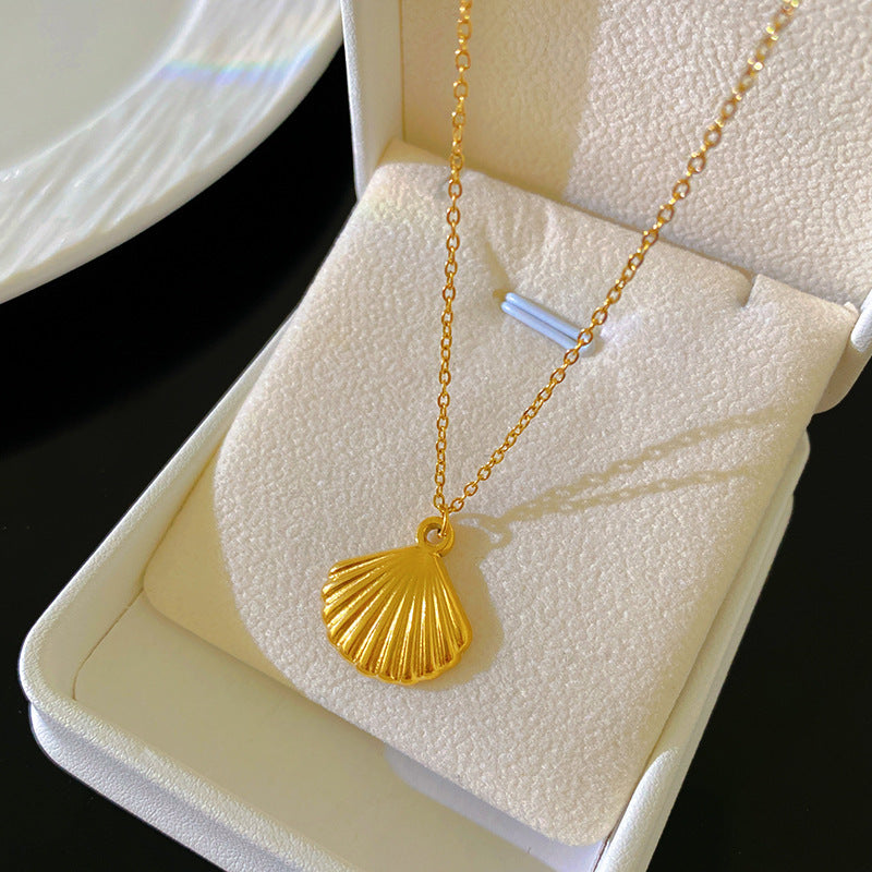 Geometric Titanium Steel Plated Necklace with Shell Pendant