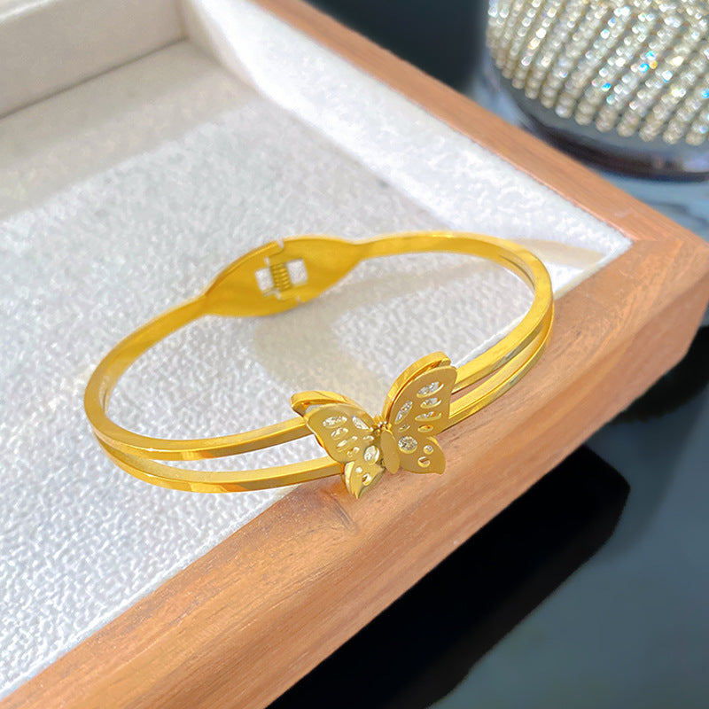Sweet Elegant Gold Plated Hollow Butterfly Titanium Steel Bracelet