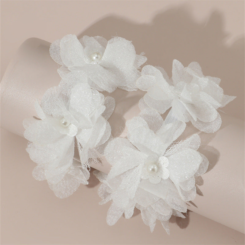 Set Minimalista di Elastici per Capelli per Bambina in Tulle Bianco con Fiori e Decorazioni di Perle
