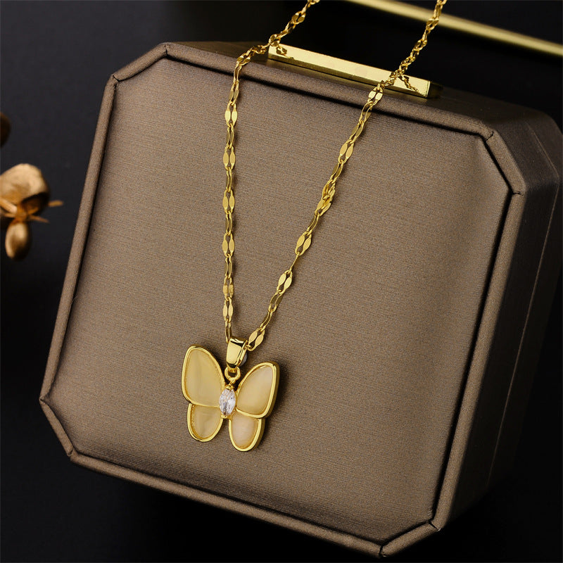 Minimalist Butterfly Pendant Necklace for Women in Titanium Steel with Mother-of-Pearl Inlay and Wavy Chain